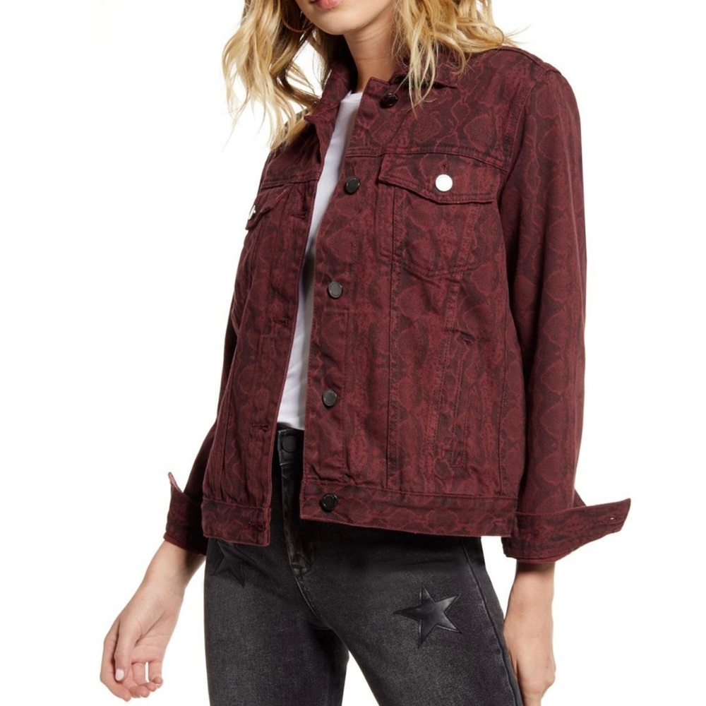 Denim jacket size L burgundy leopard print